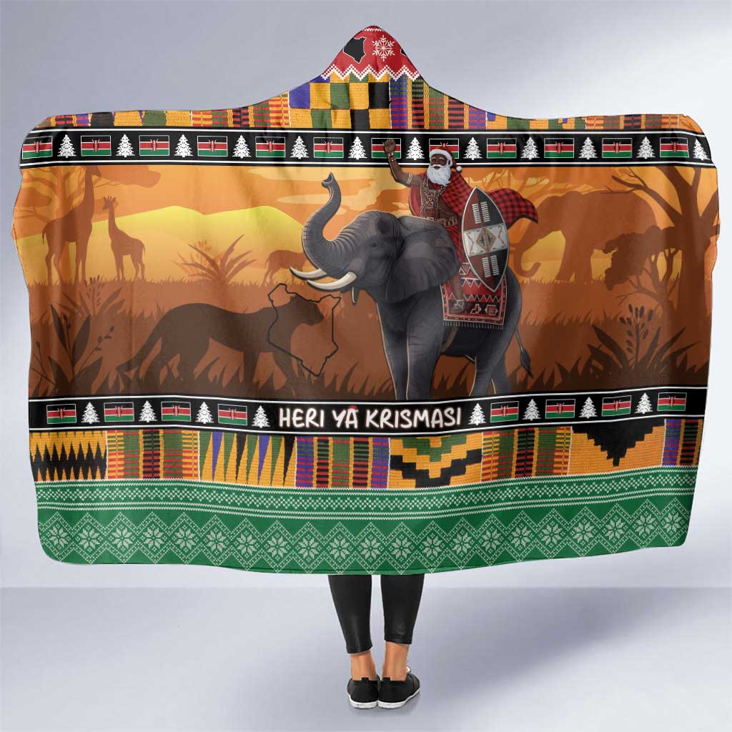 Kenya Safari Christmas Hooded Blanket Black Santa Riding Elephant - Heri ya Krismasi - Wonder Print Shop