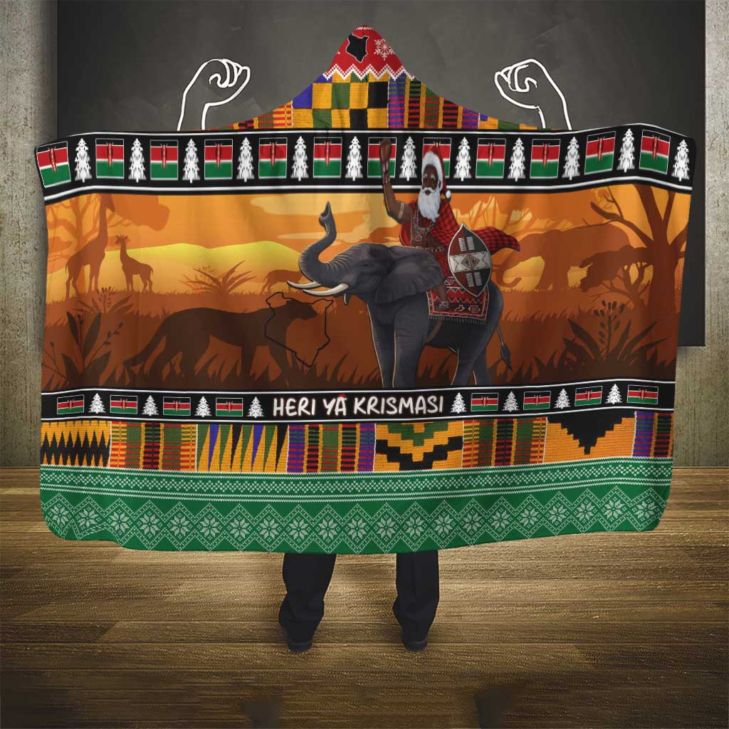 Kenya Safari Christmas Hooded Blanket Black Santa Riding Elephant - Heri ya Krismasi - Wonder Print Shop