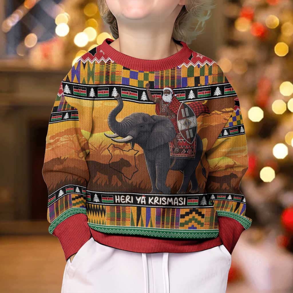 Kenya Safari Christmas Kid Ugly Christmas Sweater Black Santa Riding Elephant - Heri ya Krismasi - Wonder Print Shop