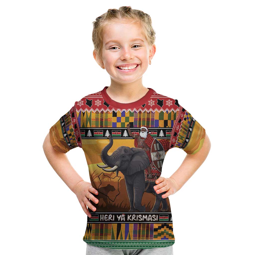 Kenya Safari Christmas Kid T Shirt Black Santa Riding Elephant - Heri ya Krismasi - Wonder Print Shop