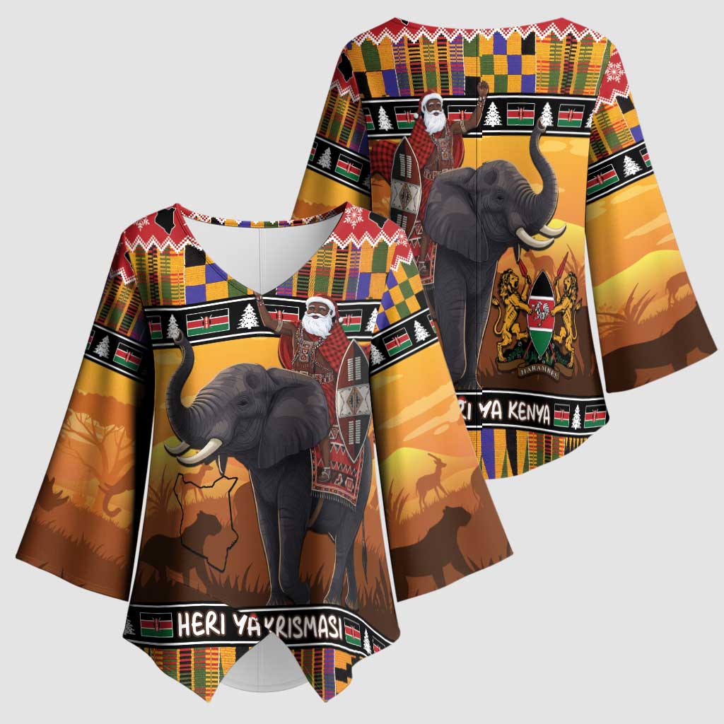 Kenya Safari Christmas Kimono Sleeve Blouse Black Santa Riding Elephant - Heri ya Krismasi - Wonder Print Shop