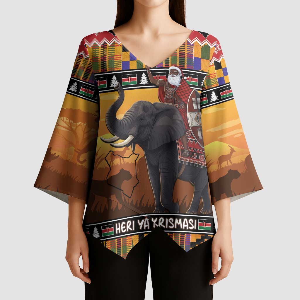 Kenya Safari Christmas Kimono Sleeve Blouse Black Santa Riding Elephant - Heri ya Krismasi - Wonder Print Shop