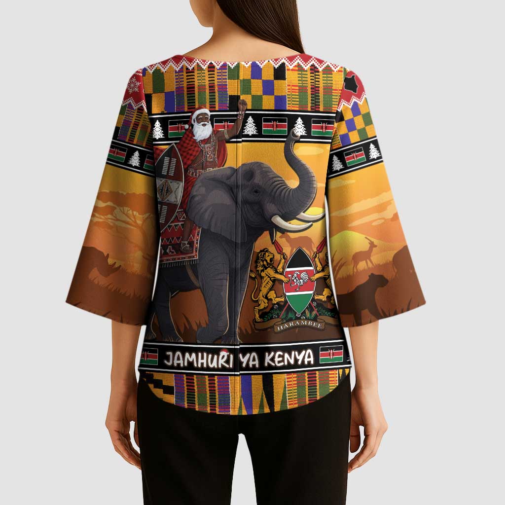 Kenya Safari Christmas Kimono Sleeve Blouse Black Santa Riding Elephant - Heri ya Krismasi - Wonder Print Shop