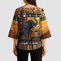 Kenya Safari Christmas Kimono Sleeve Blouse Black Santa Riding Elephant - Heri ya Krismasi - Wonder Print Shop