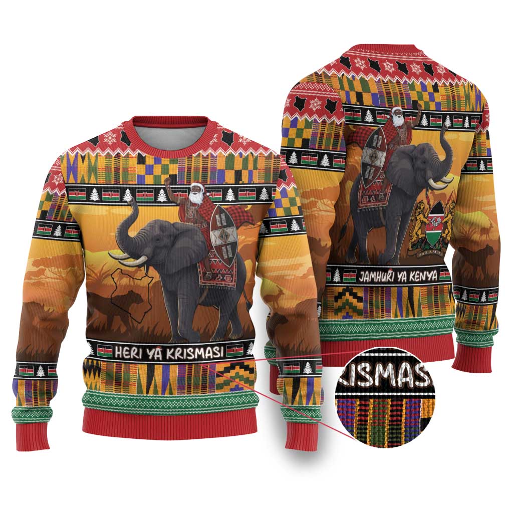Kenya Safari Christmas Ugly Christmas Sweater Black Santa Riding Elephant - Heri ya Krismasi - Wonder Print Shop