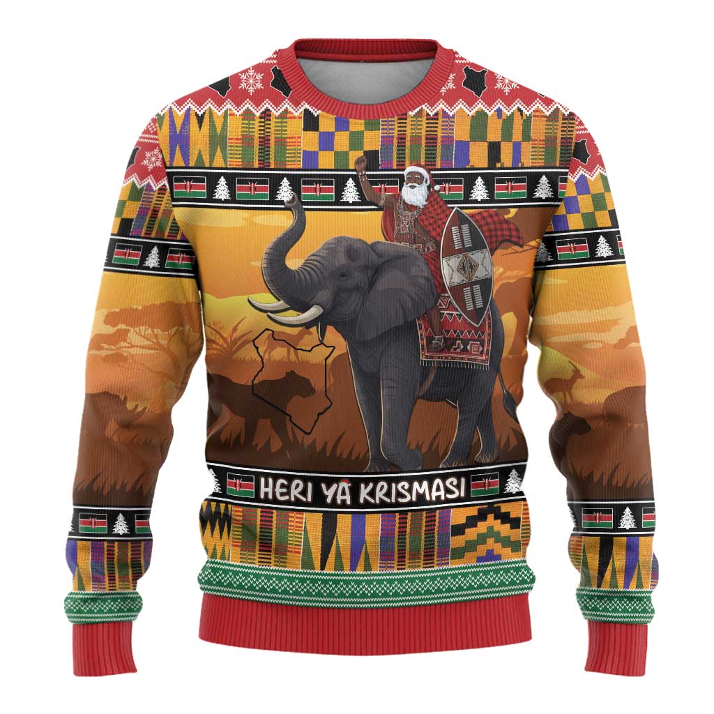 Kenya Safari Christmas Ugly Christmas Sweater Black Santa Riding Elephant - Heri ya Krismasi - Wonder Print Shop