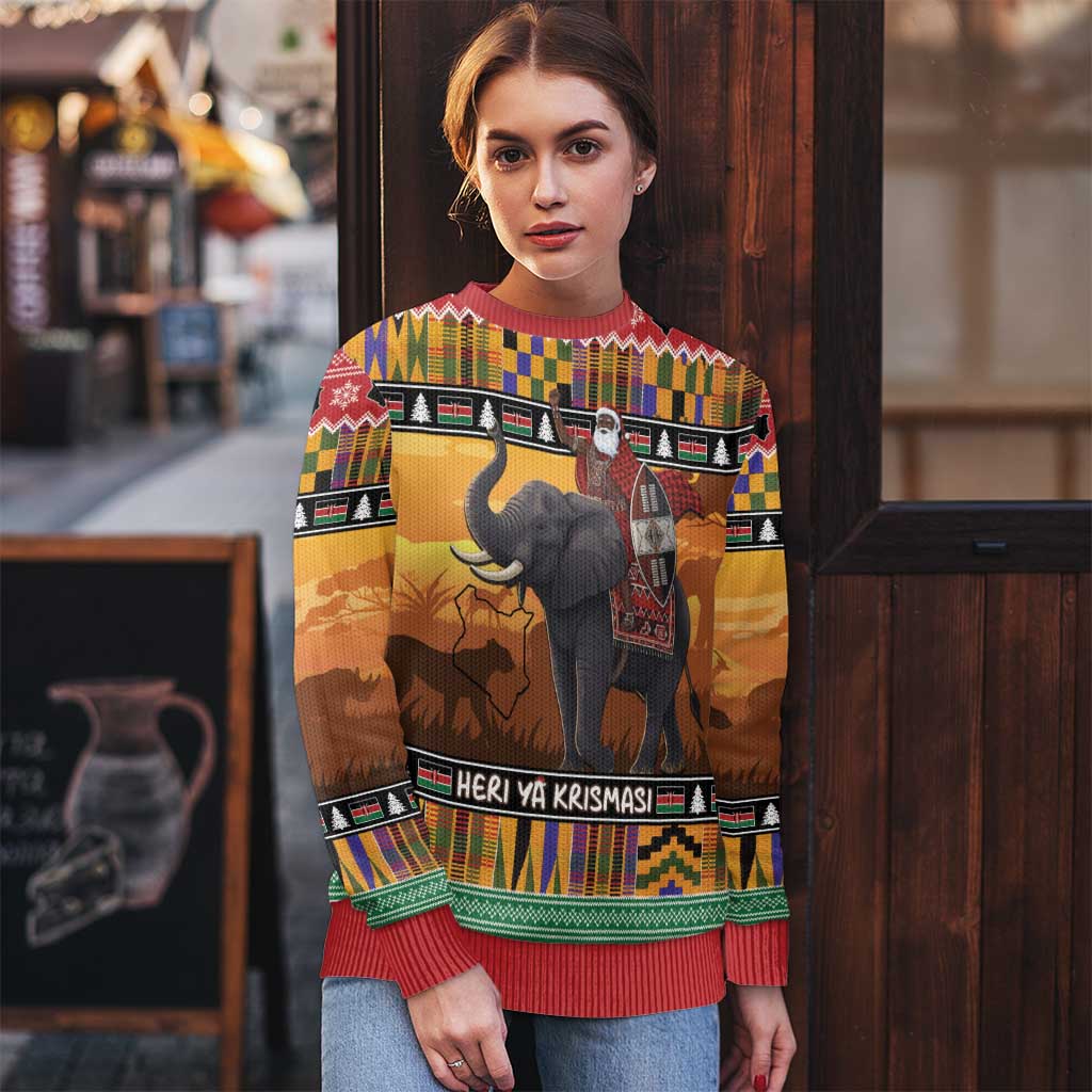 Kenya Safari Christmas Ugly Christmas Sweater Black Santa Riding Elephant - Heri ya Krismasi - Wonder Print Shop