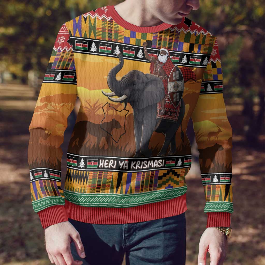 Kenya Safari Christmas Ugly Christmas Sweater Black Santa Riding Elephant - Heri ya Krismasi - Wonder Print Shop