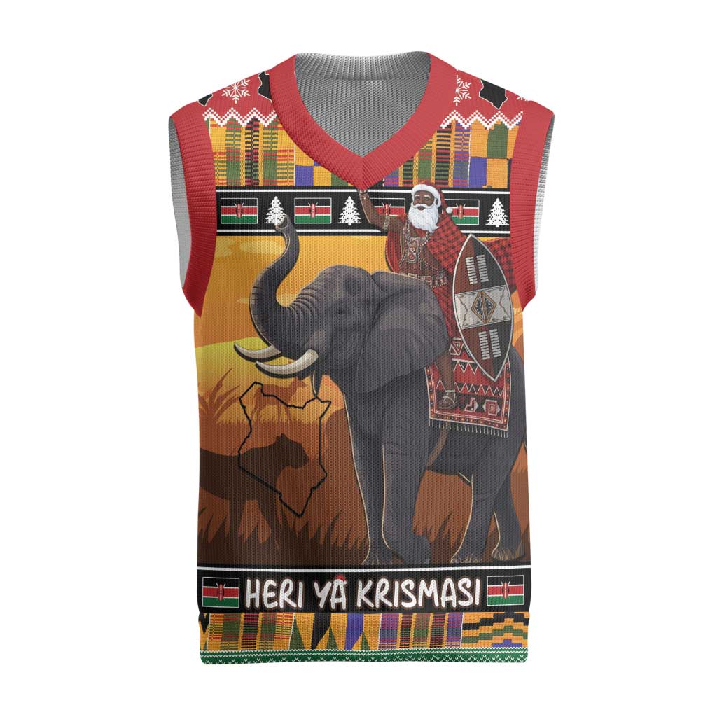 Kenya Safari Christmas Knitted V-Neck Vest Black Santa Riding Elephant - Heri ya Krismasi - Wonder Print Shop