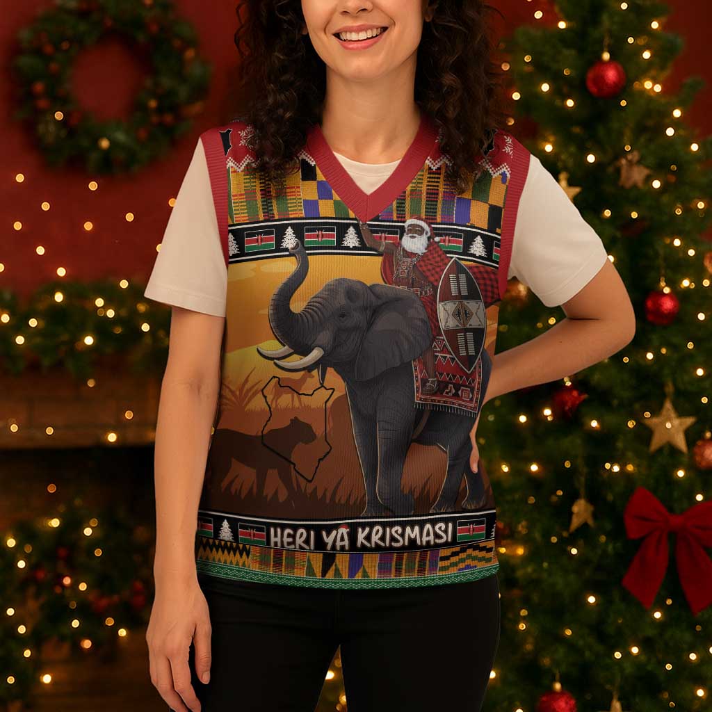Kenya Safari Christmas Knitted V-Neck Vest Black Santa Riding Elephant - Heri ya Krismasi - Wonder Print Shop