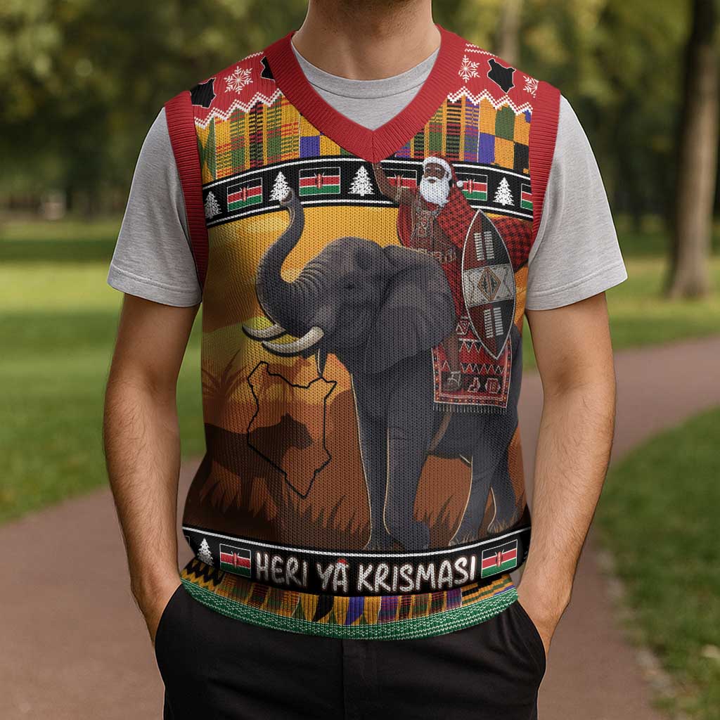 Kenya Safari Christmas Knitted V-Neck Vest Black Santa Riding Elephant - Heri ya Krismasi - Wonder Print Shop