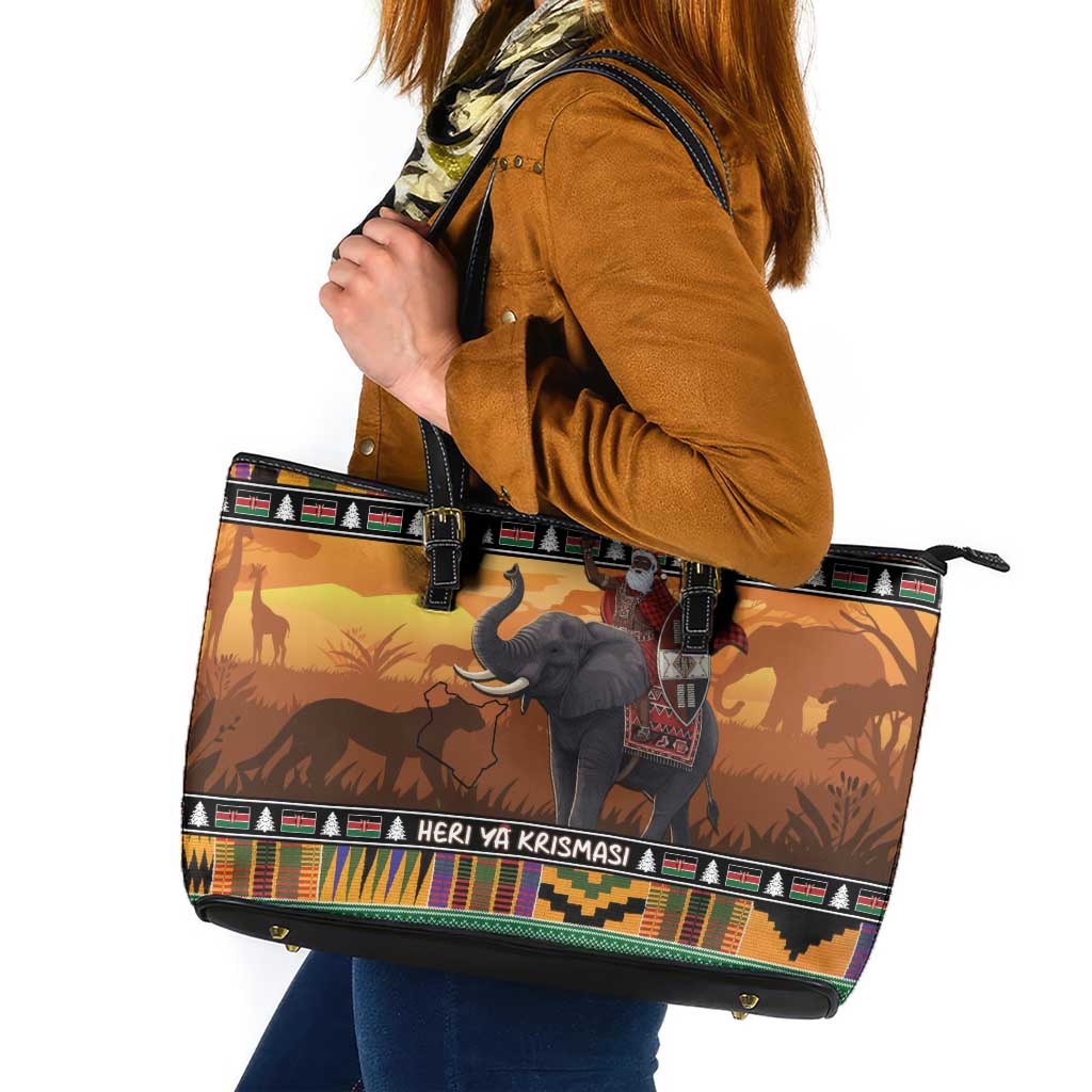 Kenya Safari Christmas Leather Tote Bag Black Santa Riding Elephant - Heri ya Krismasi - Wonder Print Shop