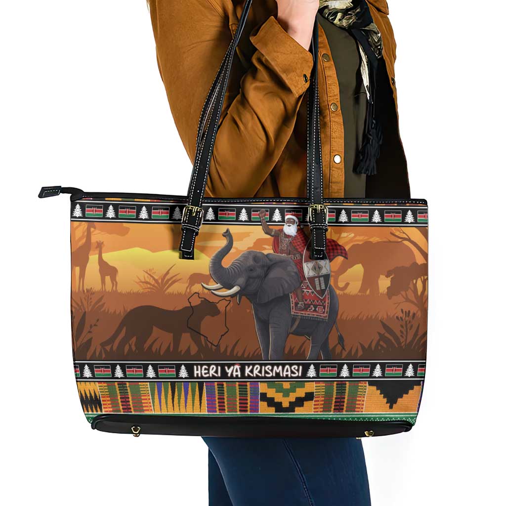 Kenya Safari Christmas Leather Tote Bag Black Santa Riding Elephant - Heri ya Krismasi - Wonder Print Shop
