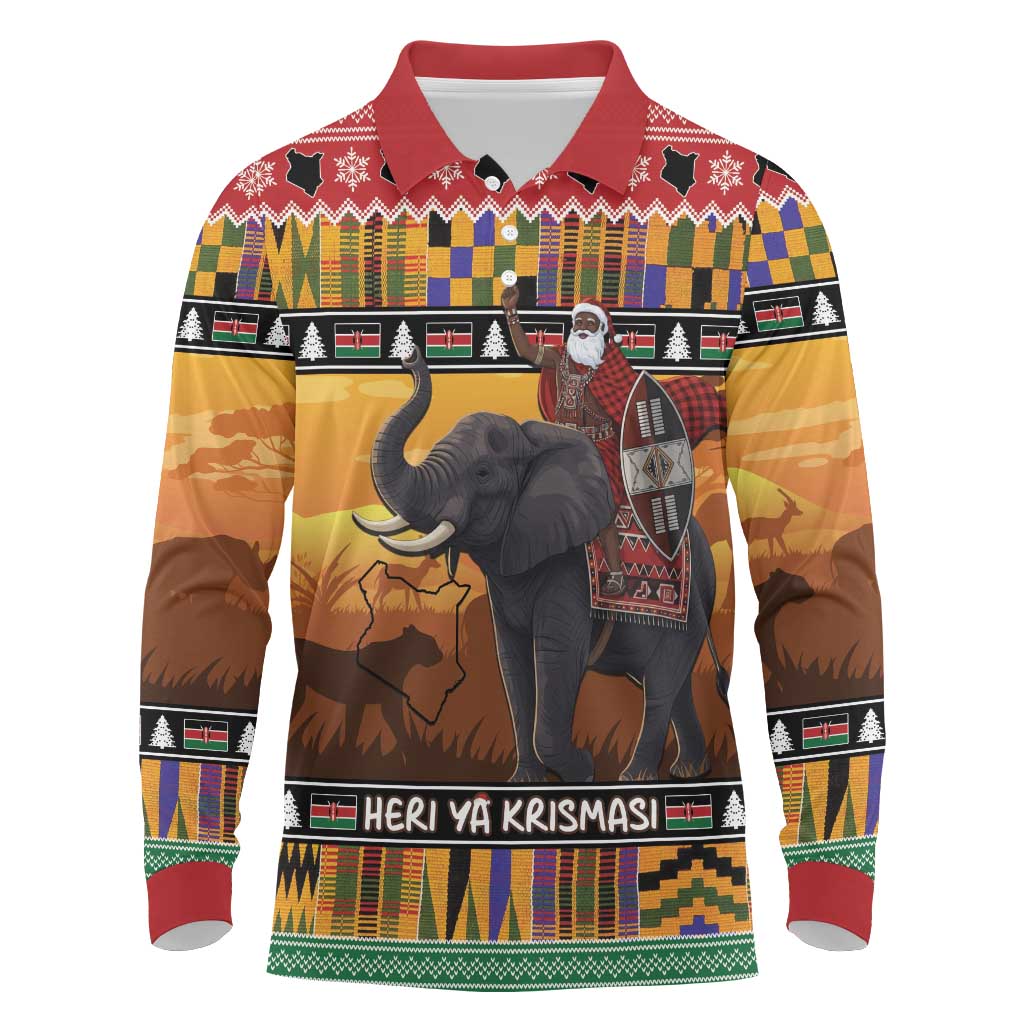 Kenya Safari Christmas Long Sleeve Polo Shirt Black Santa Riding Elephant - Heri ya Krismasi - Wonder Print Shop