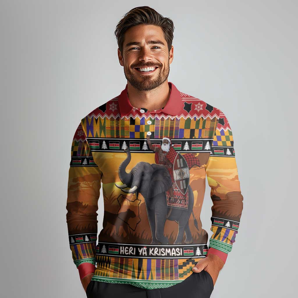 Kenya Safari Christmas Long Sleeve Polo Shirt Black Santa Riding Elephant - Heri ya Krismasi - Wonder Print Shop