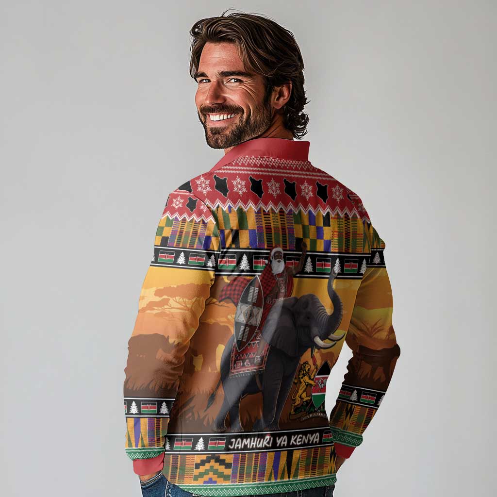 Kenya Safari Christmas Long Sleeve Polo Shirt Black Santa Riding Elephant - Heri ya Krismasi - Wonder Print Shop