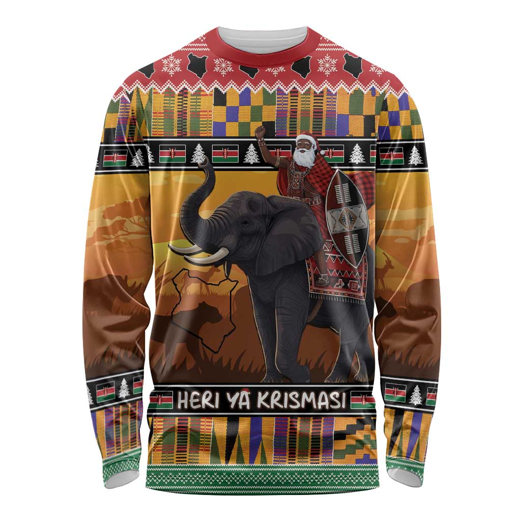 Kenya Safari Christmas Long Sleeve Shirt Black Santa Riding Elephant - Heri ya Krismasi - Wonder Print Shop