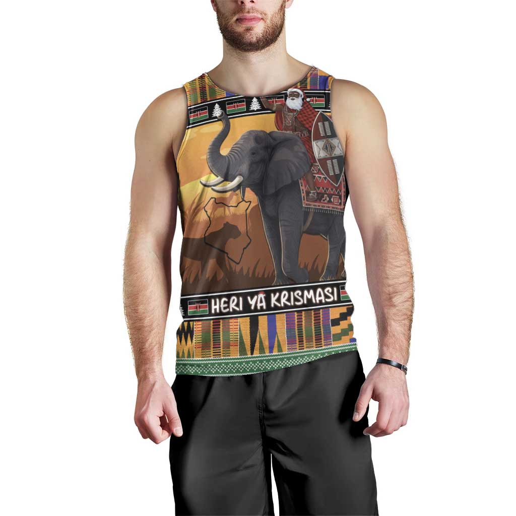 Kenya Safari Christmas Men Tank Top Black Santa Riding Elephant - Heri ya Krismasi - Wonder Print Shop