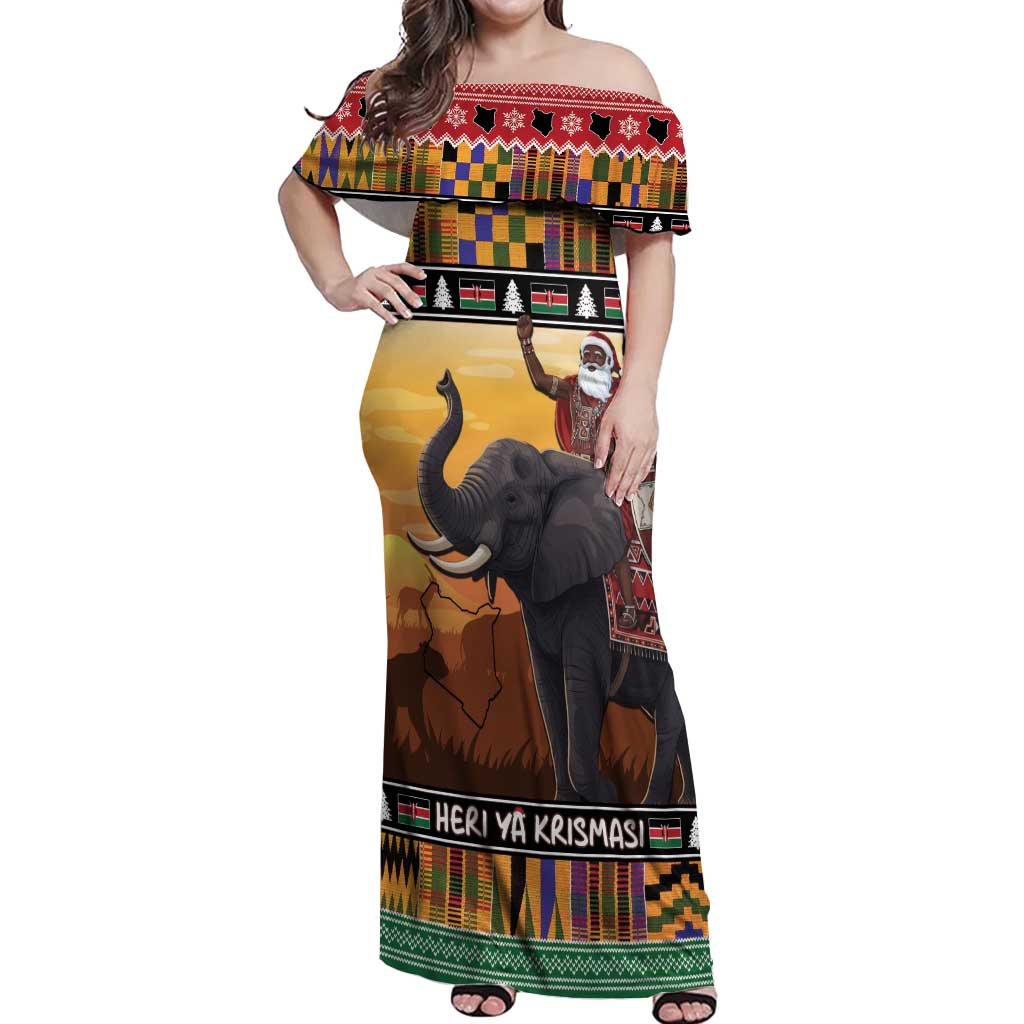 Kenya Safari Christmas Off Shoulder Maxi Dress Black Santa Riding Elephant - Heri ya Krismasi - Wonder Print Shop