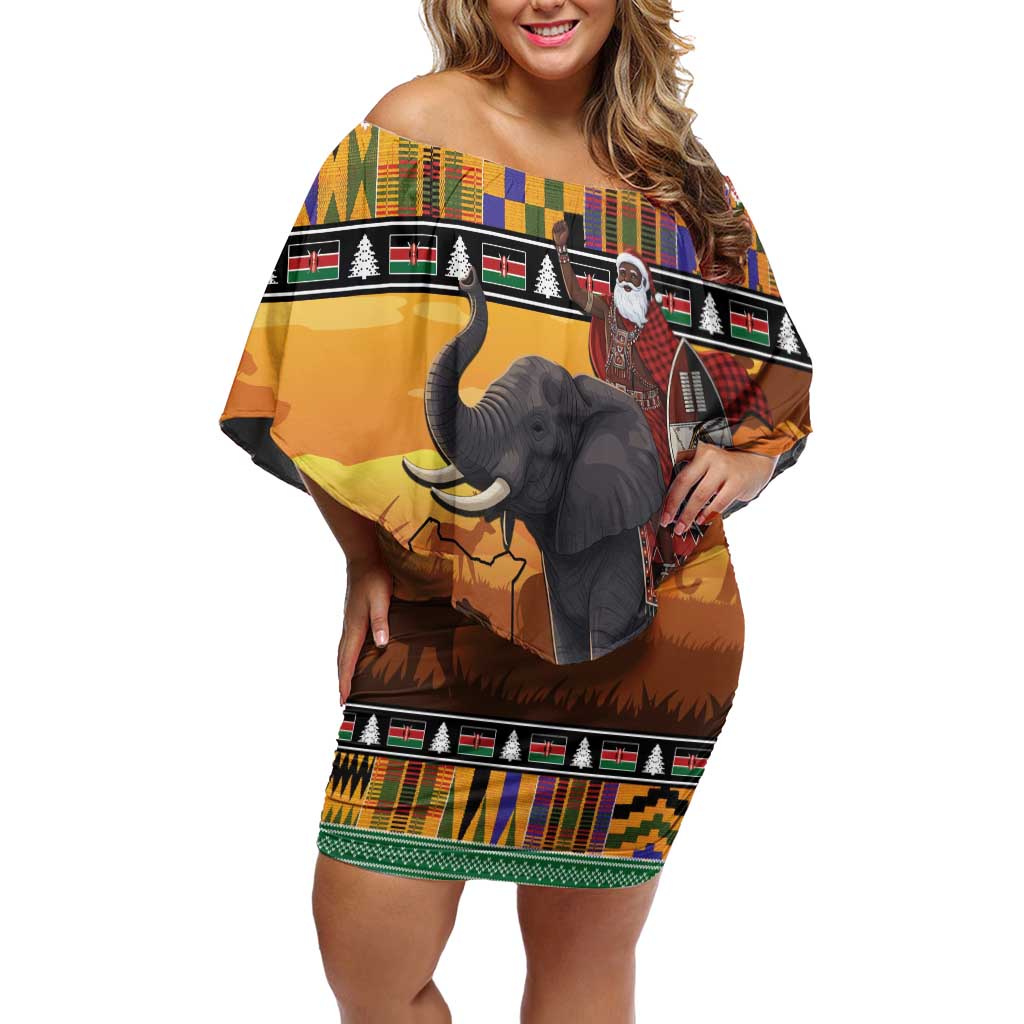 Kenya Safari Christmas Off Shoulder Short Dress Black Santa Riding Elephant - Heri ya Krismasi - Wonder Print Shop