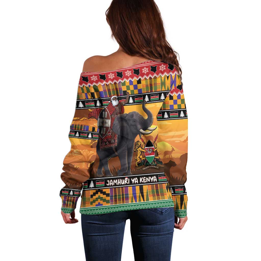 Kenya Safari Christmas Off Shoulder Sweater Black Santa Riding Elephant - Heri ya Krismasi - Wonder Print Shop