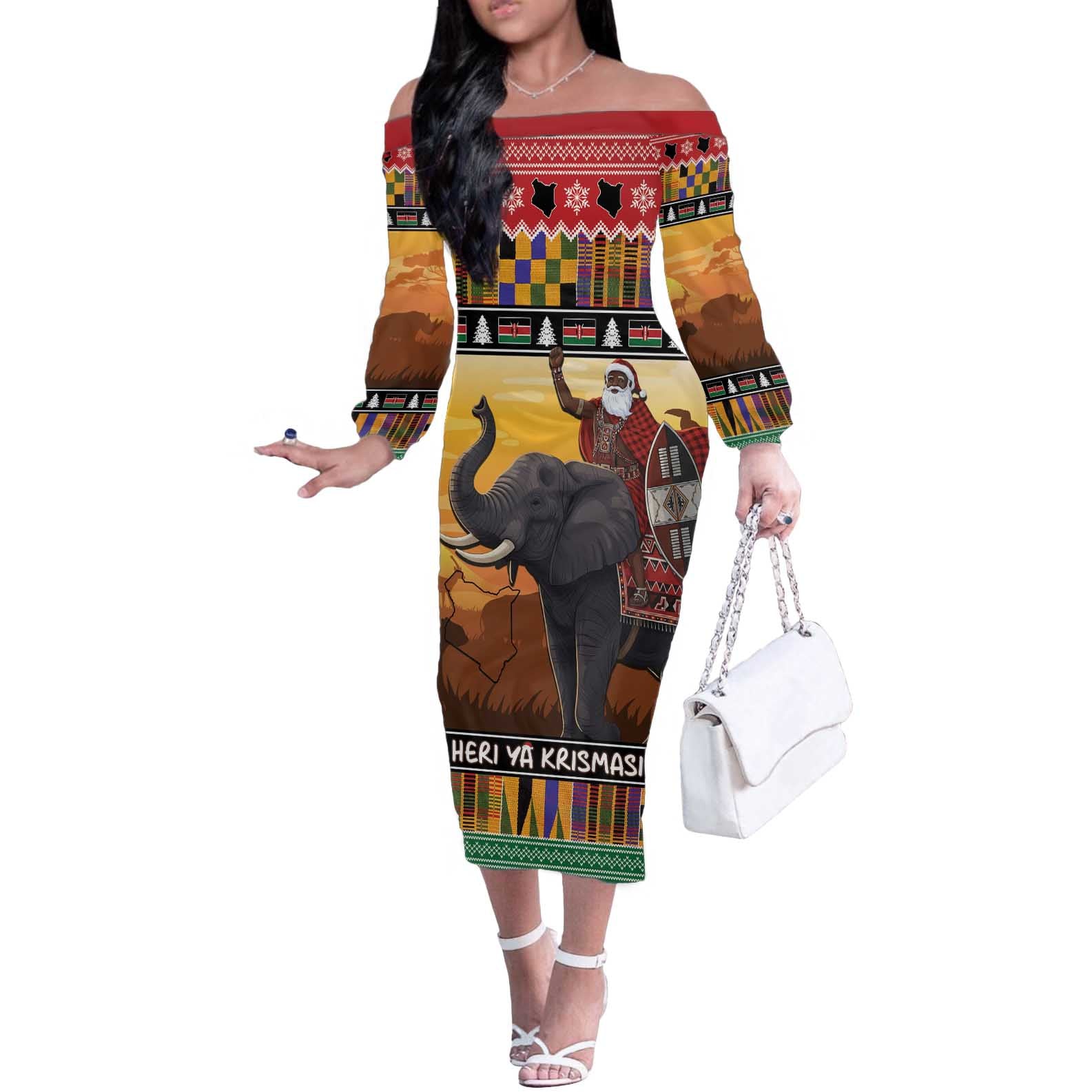 Kenya Safari Christmas Off The Shoulder Long Sleeve Dress Black Santa Riding Elephant - Heri ya Krismasi - Wonder Print Shop