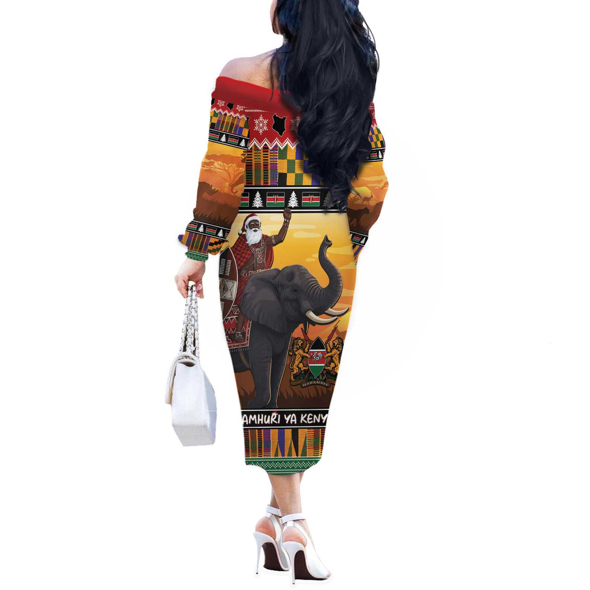 Kenya Safari Christmas Off The Shoulder Long Sleeve Dress Black Santa Riding Elephant - Heri ya Krismasi - Wonder Print Shop