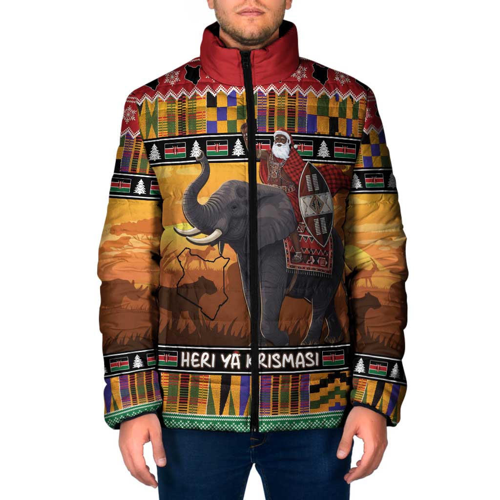 Kenya Safari Christmas Padded Jacket Black Santa Riding Elephant - Heri ya Krismasi - Wonder Print Shop