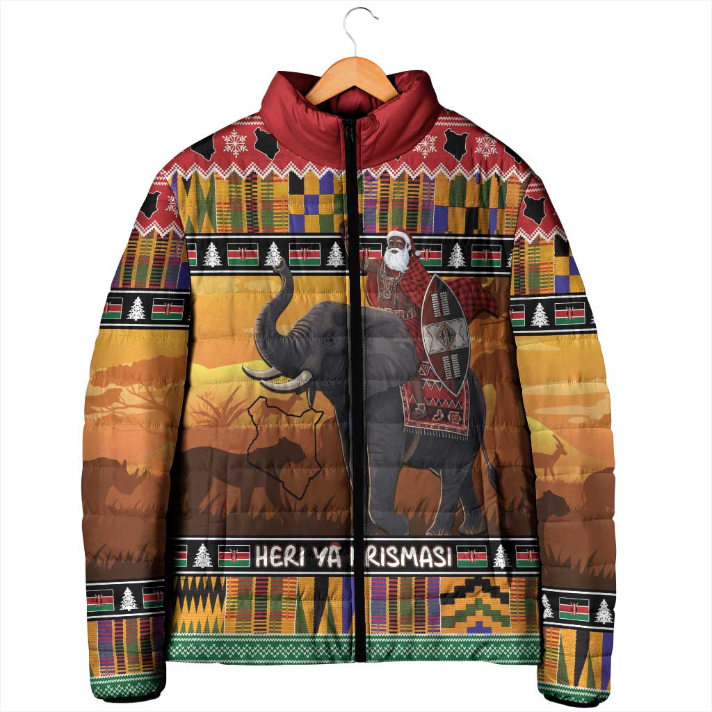 Kenya Safari Christmas Padded Jacket Black Santa Riding Elephant - Heri ya Krismasi - Wonder Print Shop