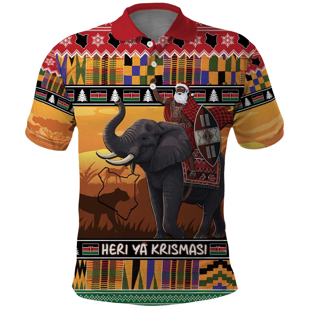 Kenya Safari Christmas Polo Shirt Black Santa Riding Elephant - Heri ya Krismasi - Wonder Print Shop