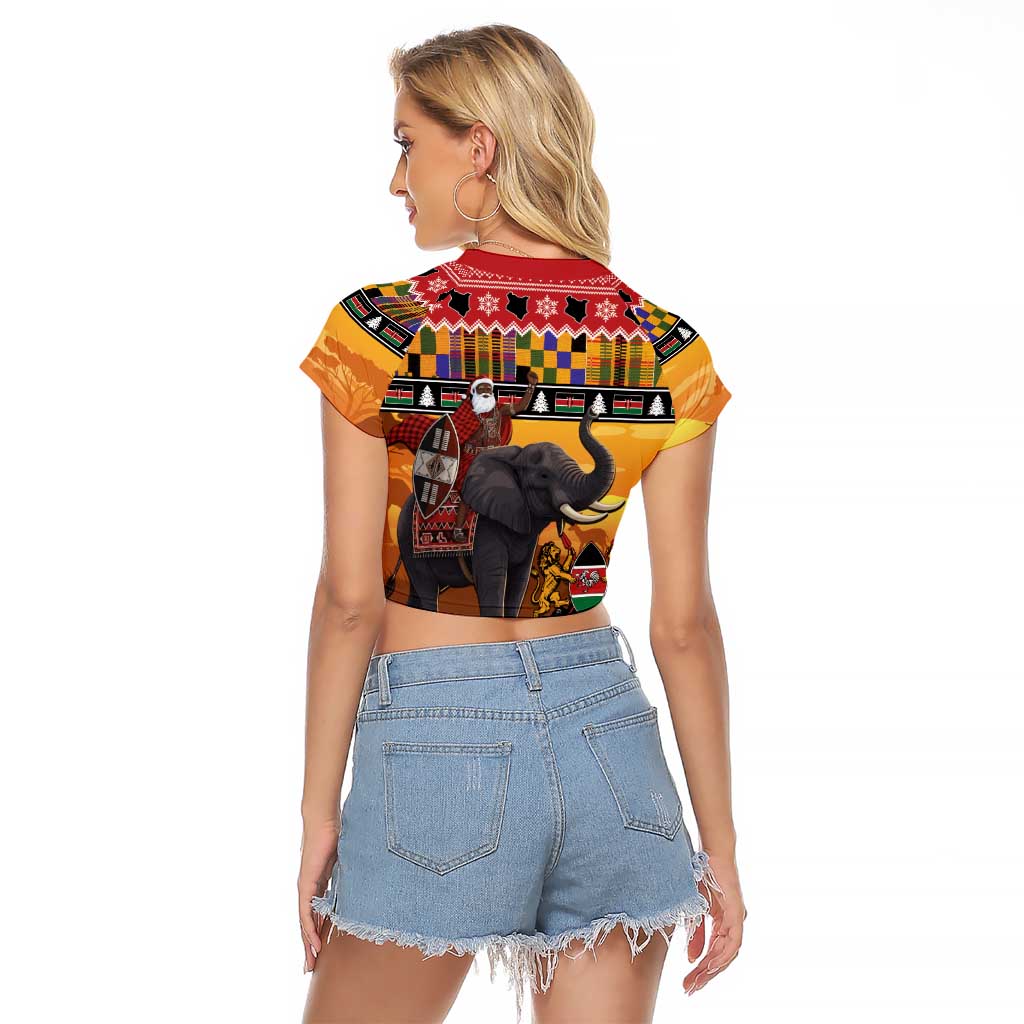 Kenya Safari Christmas Raglan Cropped T Shirt Black Santa Riding Elephant - Heri ya Krismasi - Wonder Print Shop