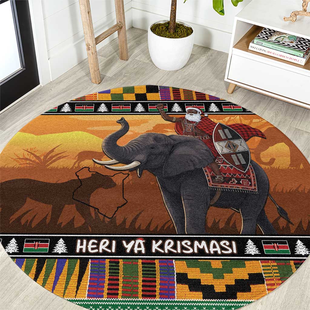 Kenya Safari Christmas Round Carpet Black Santa Riding Elephant - Heri ya Krismasi - Wonder Print Shop