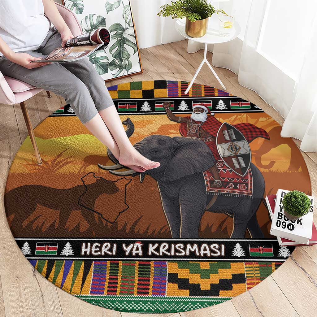 Kenya Safari Christmas Round Carpet Black Santa Riding Elephant - Heri ya Krismasi - Wonder Print Shop