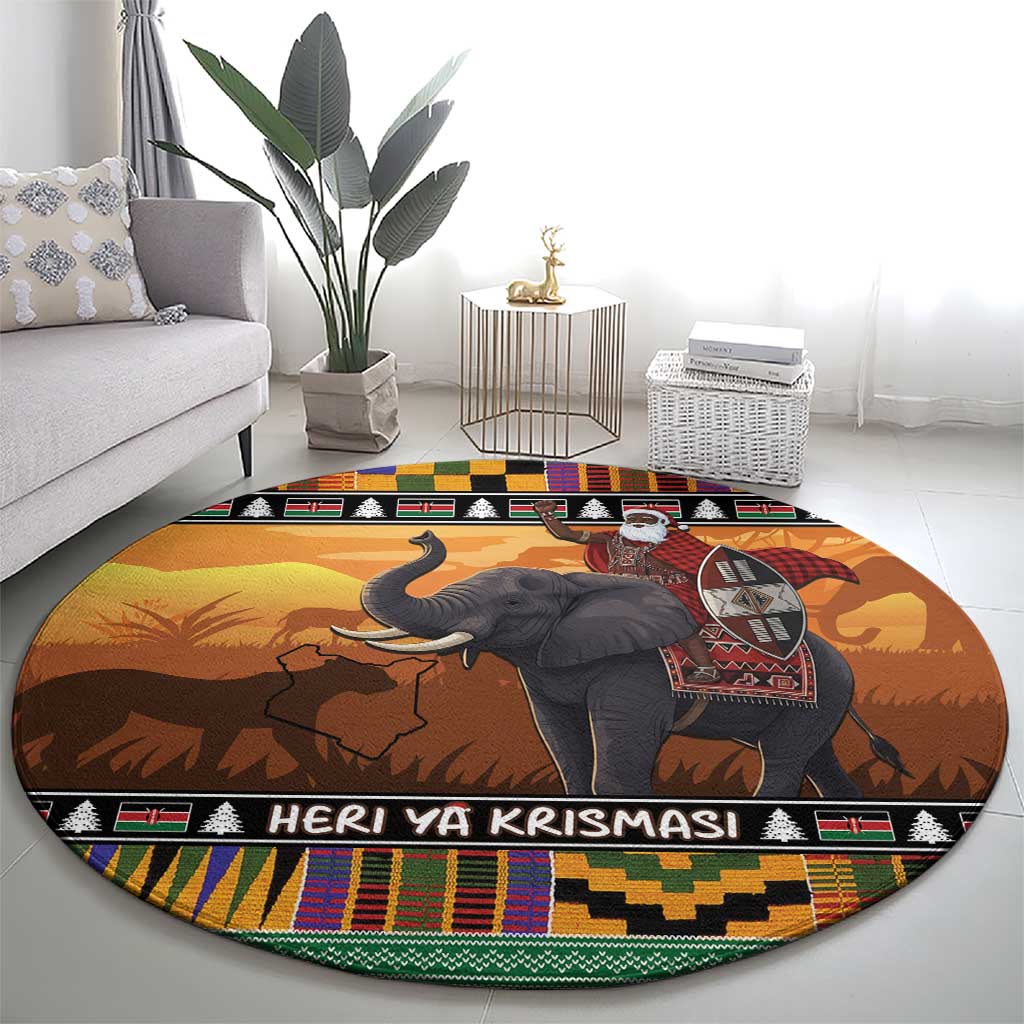 Kenya Safari Christmas Round Carpet Black Santa Riding Elephant - Heri ya Krismasi - Wonder Print Shop
