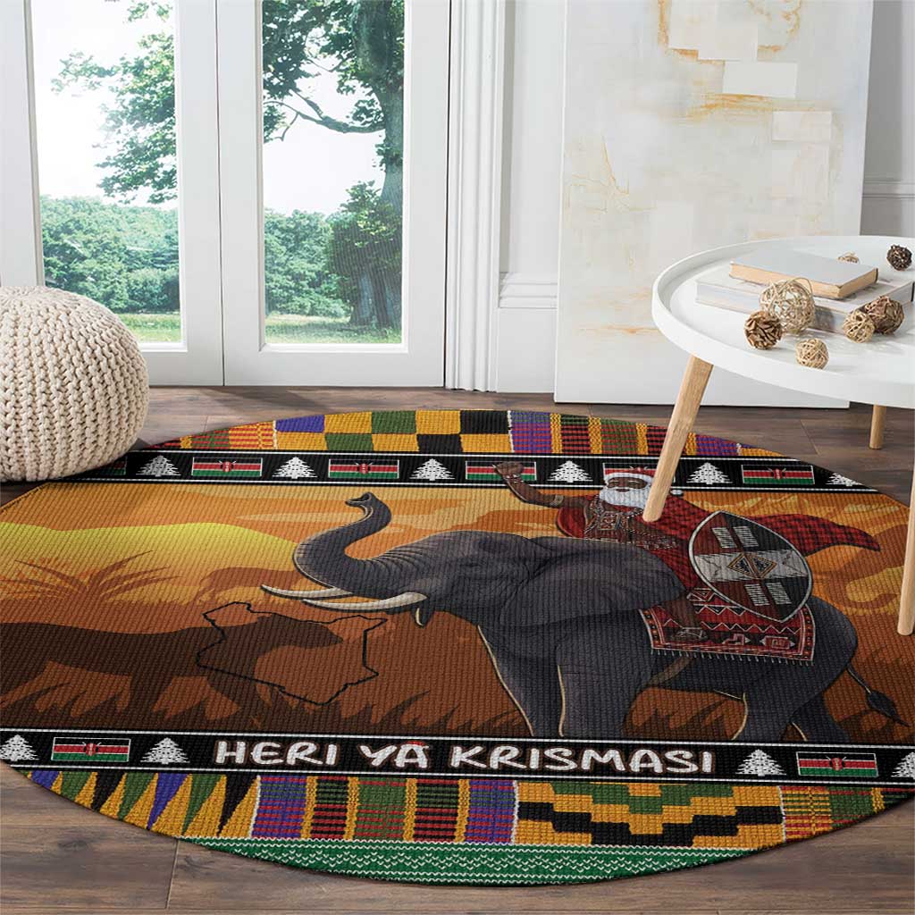 Kenya Safari Christmas Round Carpet Black Santa Riding Elephant - Heri ya Krismasi - Wonder Print Shop