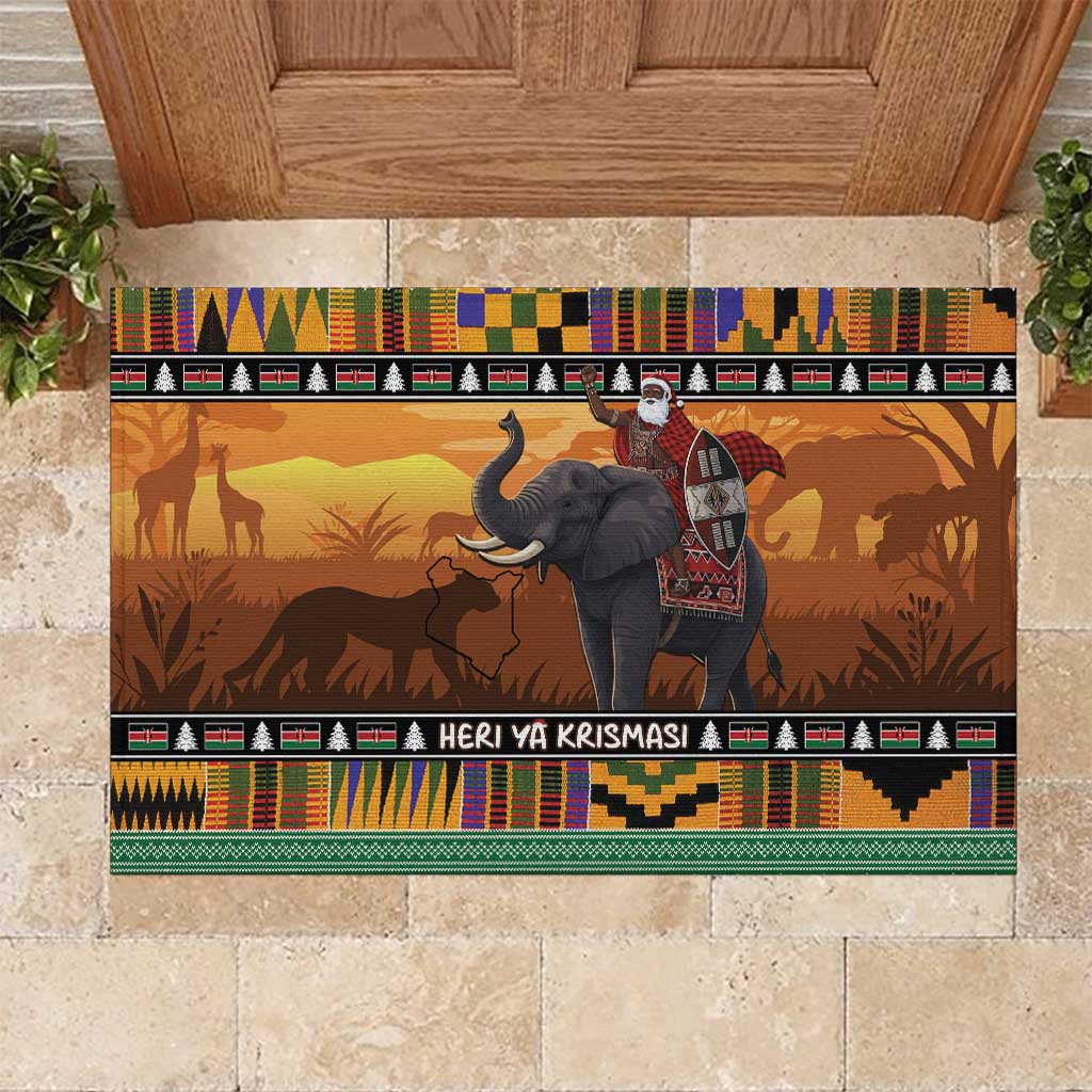 Kenya Safari Christmas Rubber Doormat Black Santa Riding Elephant - Heri ya Krismasi - Wonder Print Shop