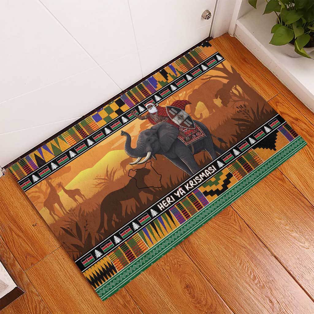 Kenya Safari Christmas Rubber Doormat Black Santa Riding Elephant - Heri ya Krismasi - Wonder Print Shop