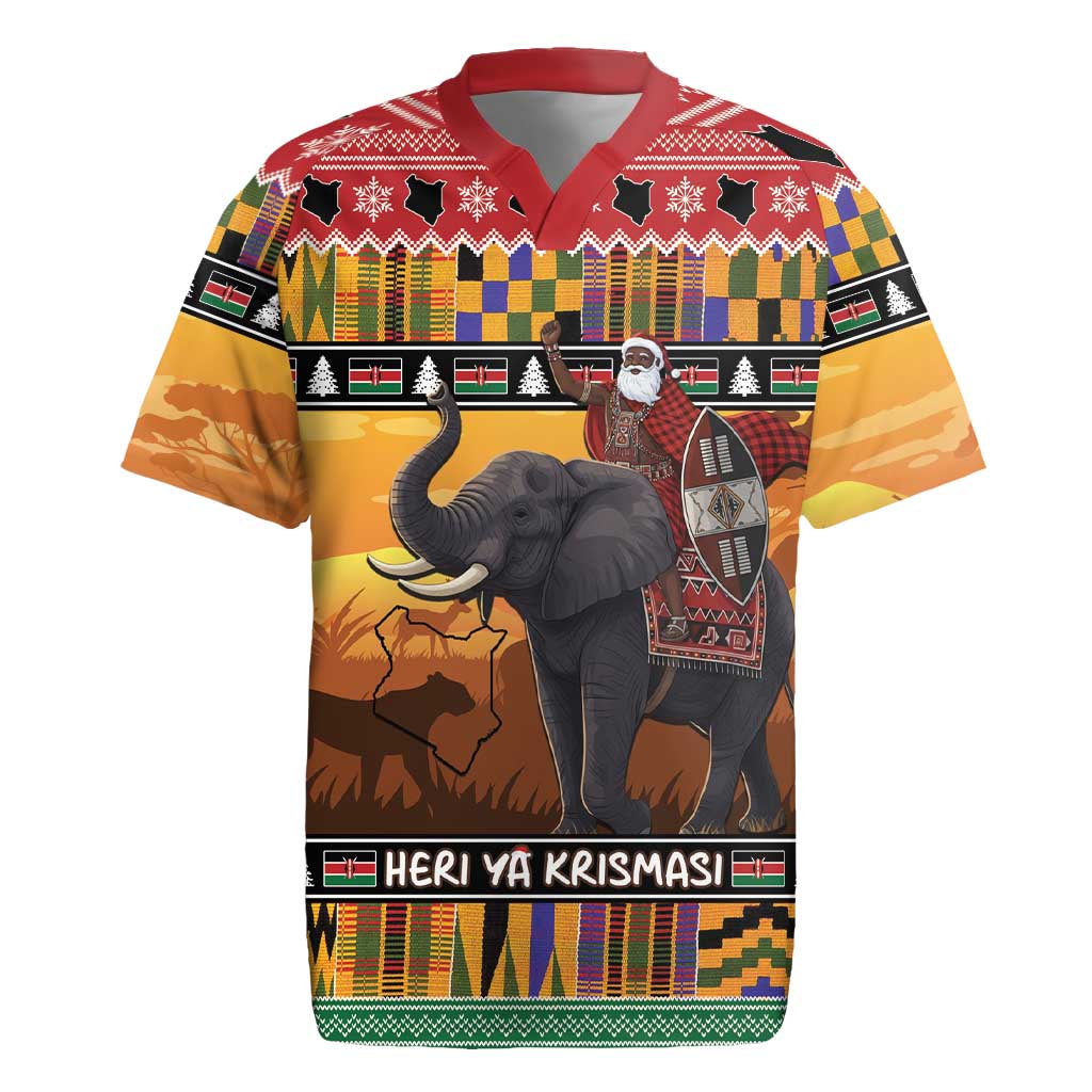 Kenya Safari Christmas Rugby Jersey Black Santa Riding Elephant - Heri ya Krismasi - Wonder Print Shop