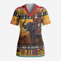 Kenya Safari Christmas Scrub Top Black Santa Riding Elephant - Heri ya Krismasi - Wonder Print Shop