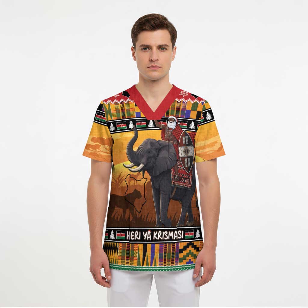 Kenya Safari Christmas Scrub Top Black Santa Riding Elephant - Heri ya Krismasi - Wonder Print Shop
