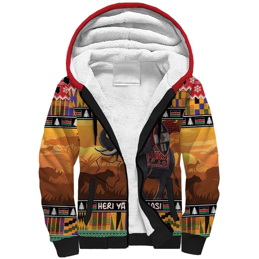 Kenya Safari Christmas Sherpa Hoodie Black Santa Riding Elephant - Heri ya Krismasi - Wonder Print Shop