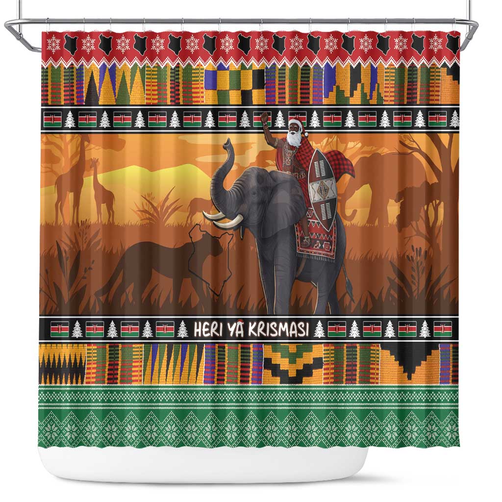 Kenya Safari Christmas Shower Curtain Black Santa Riding Elephant - Heri ya Krismasi - Wonder Print Shop