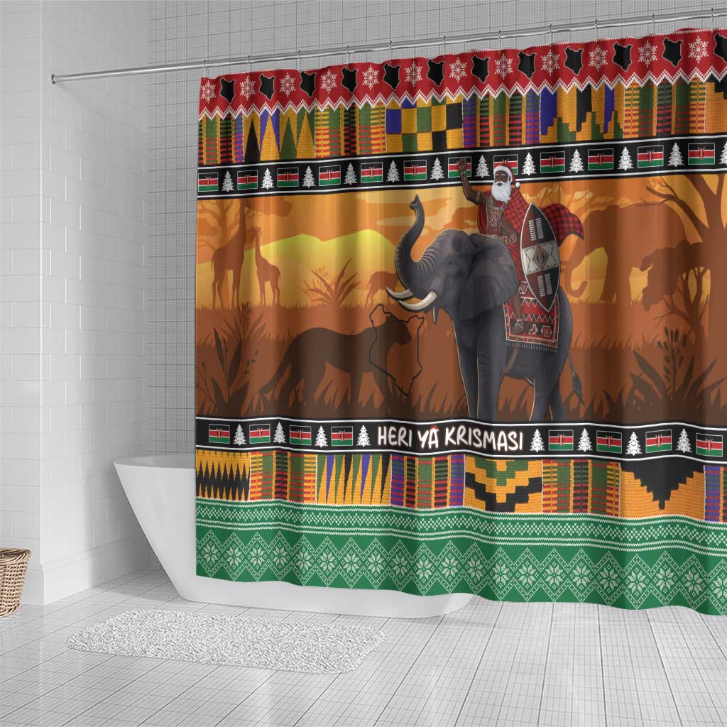 Kenya Safari Christmas Shower Curtain Black Santa Riding Elephant - Heri ya Krismasi - Wonder Print Shop