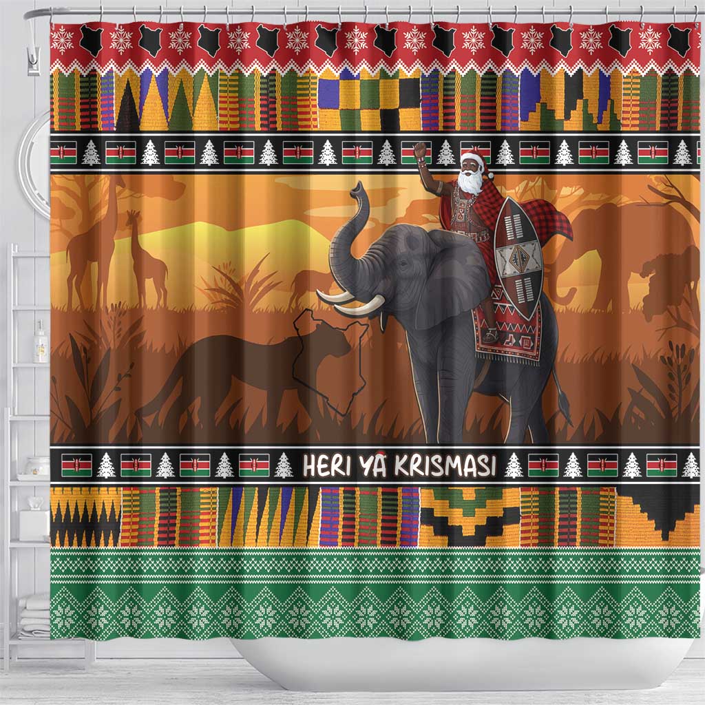 Kenya Safari Christmas Shower Curtain Black Santa Riding Elephant - Heri ya Krismasi - Wonder Print Shop
