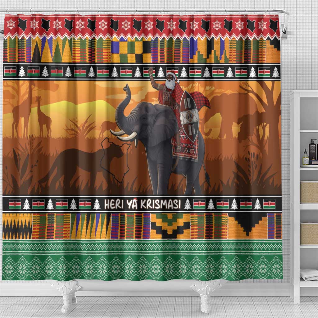 Kenya Safari Christmas Shower Curtain Black Santa Riding Elephant - Heri ya Krismasi - Wonder Print Shop
