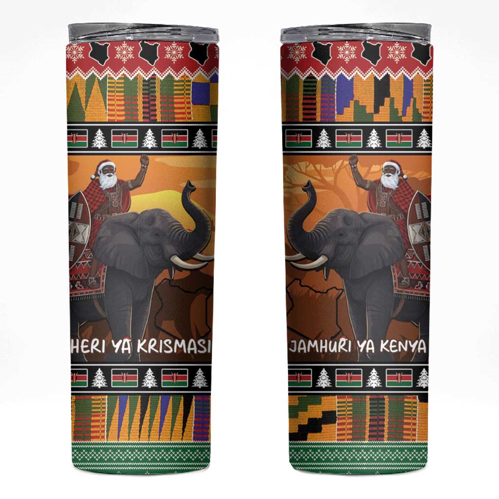 Kenya Safari Christmas Skinny Tumbler Black Santa Riding Elephant - Heri ya Krismasi - Wonder Print Shop