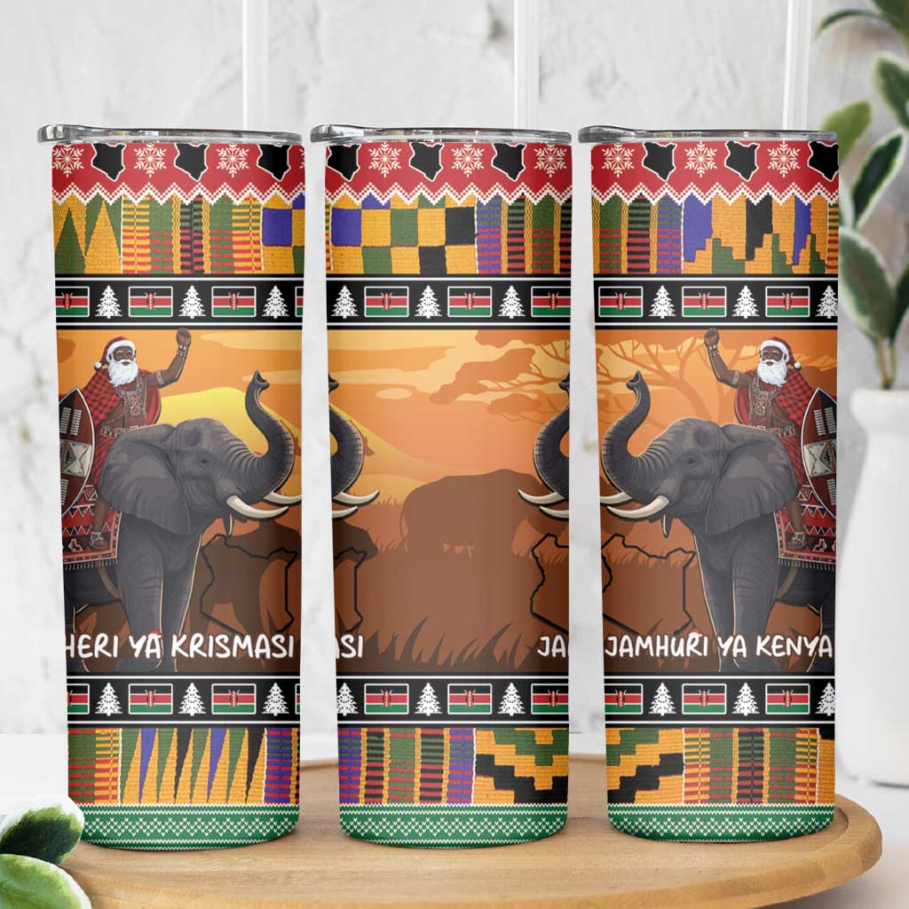 Kenya Safari Christmas Skinny Tumbler Black Santa Riding Elephant - Heri ya Krismasi - Wonder Print Shop