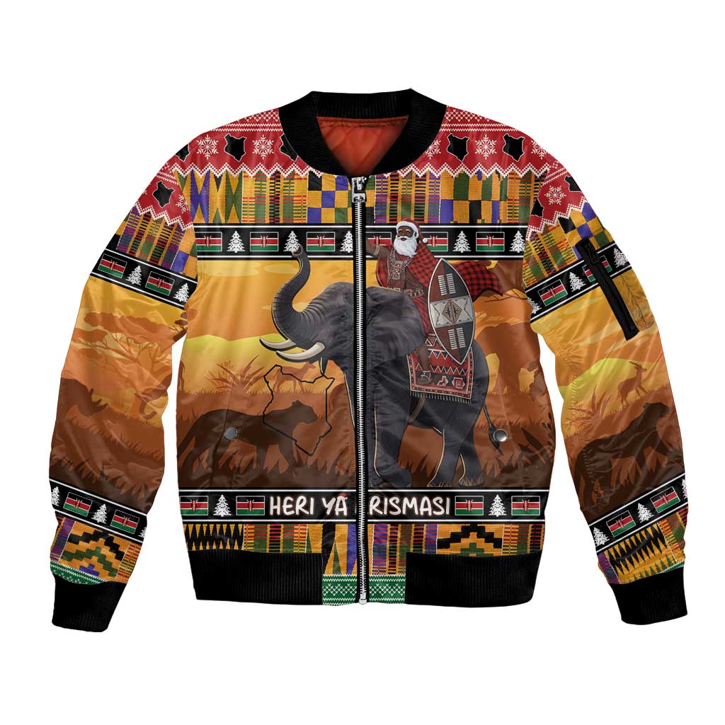 Kenya Safari Christmas Sleeve Zip Bomber Jacket Black Santa Riding Elephant - Heri ya Krismasi - Wonder Print Shop