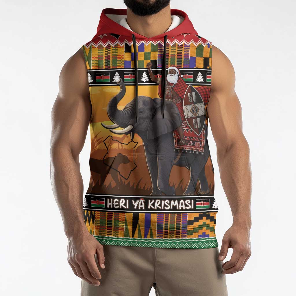 Kenya Safari Christmas Sleeveless Hoodie Black Santa Riding Elephant - Heri ya Krismasi - Wonder Print Shop