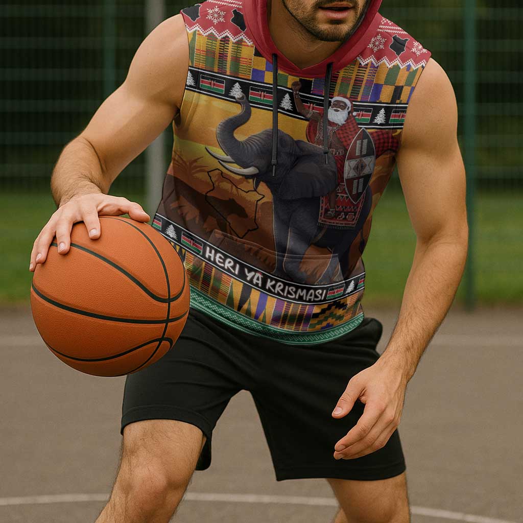 Kenya Safari Christmas Sleeveless Hoodie Black Santa Riding Elephant - Heri ya Krismasi - Wonder Print Shop